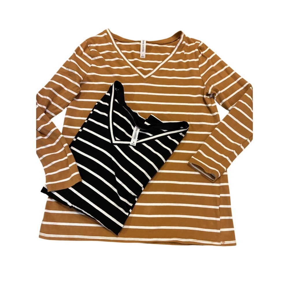 Zenana Outfitters Striped V-Neck Long Sleeve Tee Bundle Black Brown M L